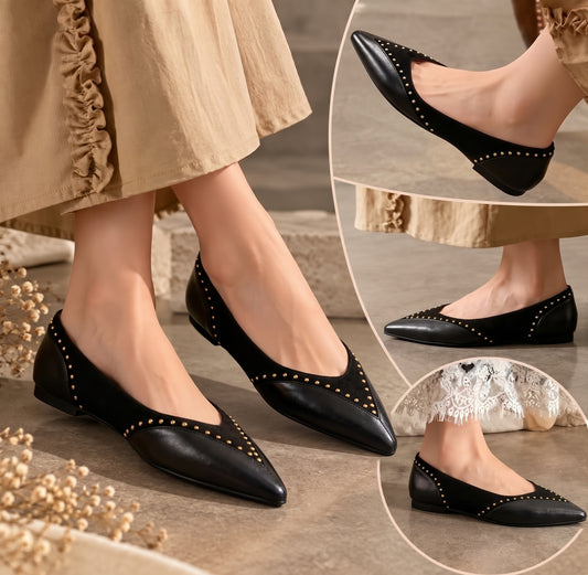 Studded Pointed-Toe Ballet Flats (Black)
