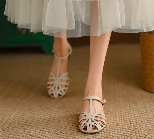 Luna Weave T-Strap Sandal (White)