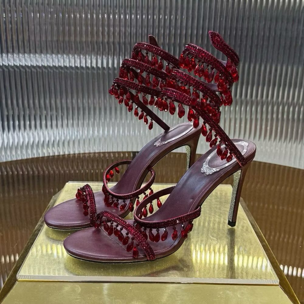 Crystal Ankle Wrap Heels (Maroon)