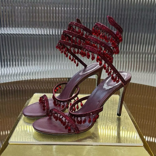 Crystal Ankle Wrap Heels (Maroon)