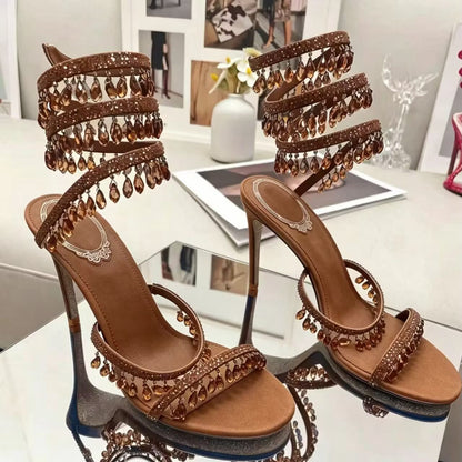 Crystal Ankle Wrap Heels (Brown)