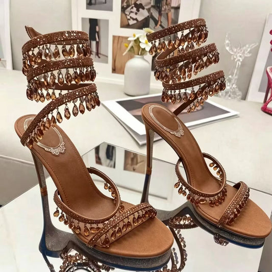 Crystal Ankle Wrap Heels (Brown)