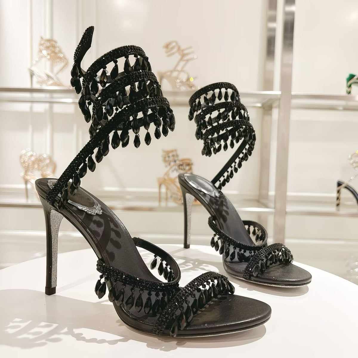 Crystal Ankle Wrap Heels (Black)