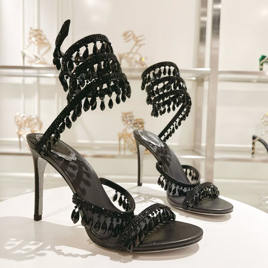Crystal Ankle Wrap Heels (Black)