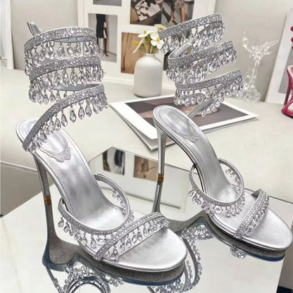 Crystal Ankle Wrap Heels (Silver)