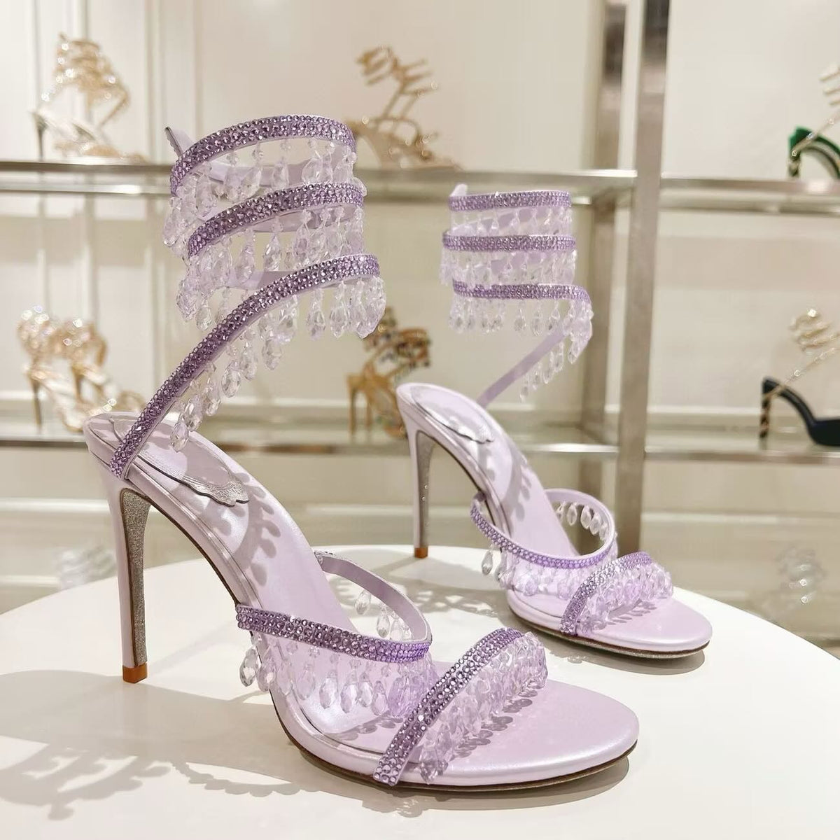 Crystal Ankle Wrap Heels (Lilac)