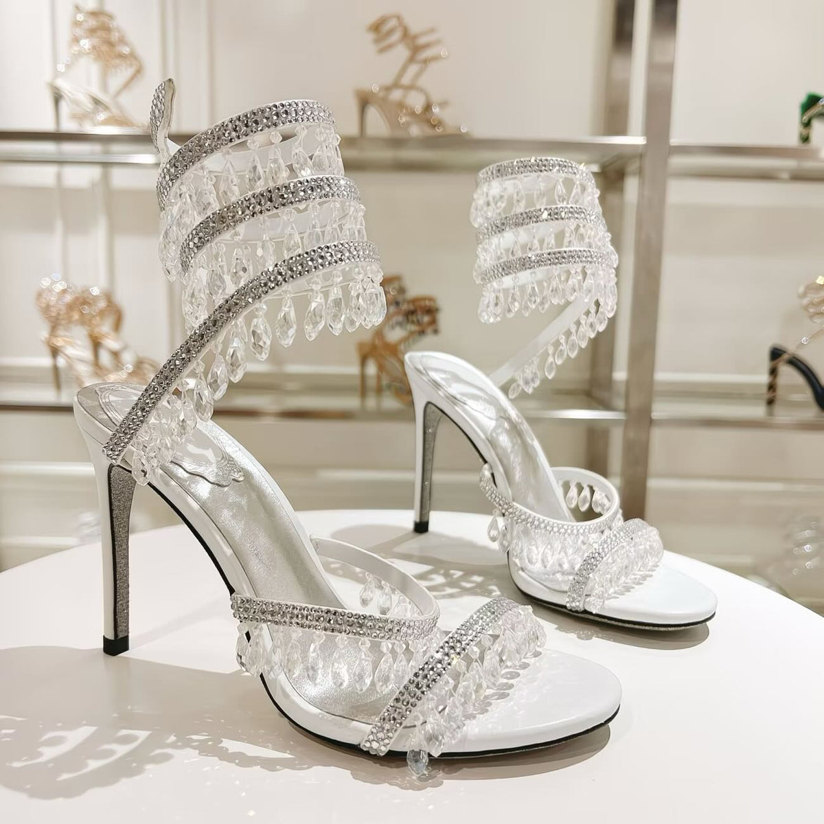 Crystal Ankle Wrap Heels (White)