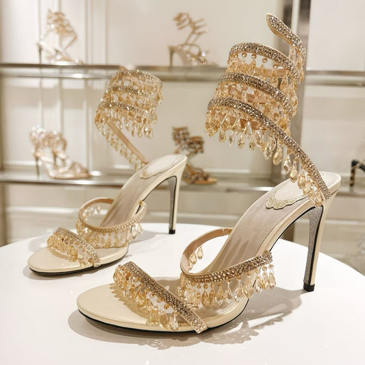 Crystal Ankle Wrap Heels (Gold)
