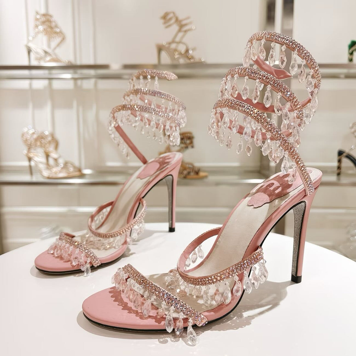 Crystal Ankle Wrap Heels (Tea Pink)