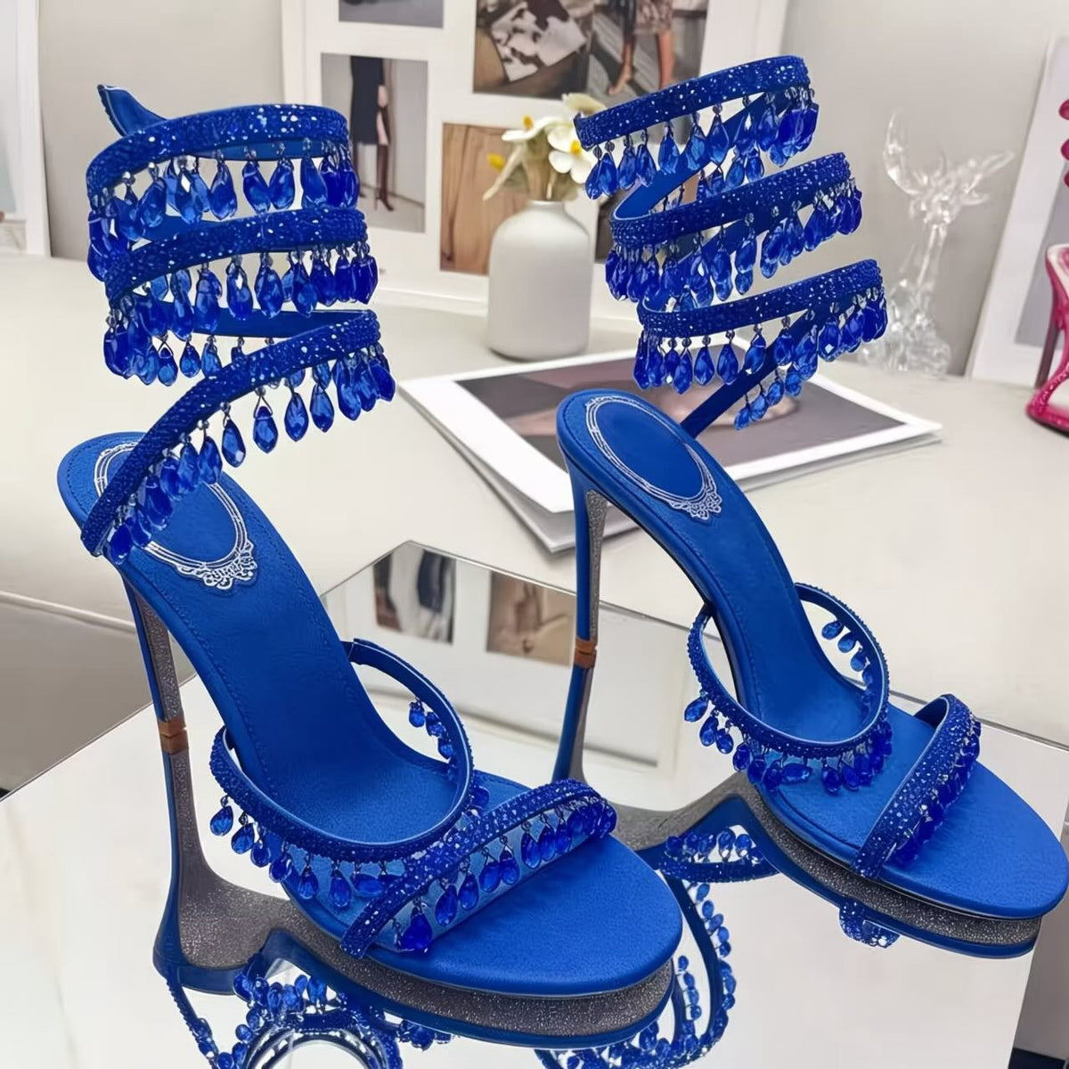 Crystal Ankle Wrap Heels (Blue)