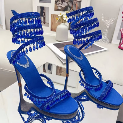 Crystal Ankle Wrap Heels (Blue)