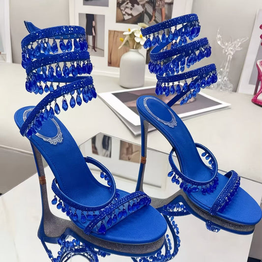 Crystal Ankle Wrap Heels (Blue)