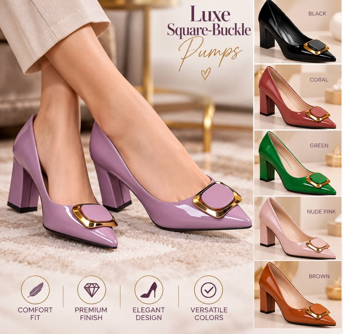 Luxe Square-Buckle Pumps (Lilac)