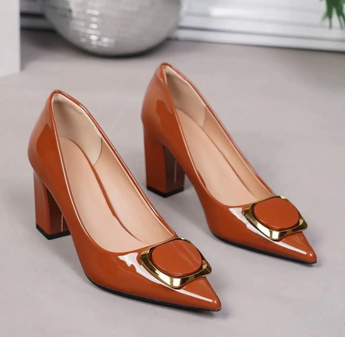 Luxe Square-Buckle Pumps (Brown)