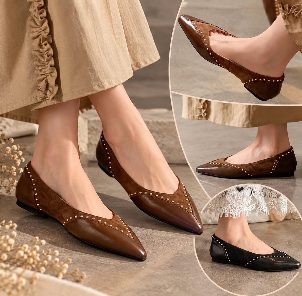 Studded Pointed-Toe Ballet Flats (Brown)