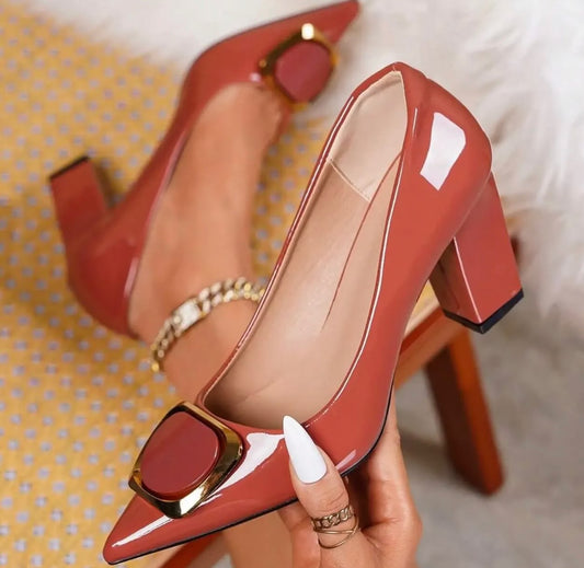 Luxe Square-Buckle Pumps (Brown)