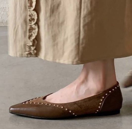 Studded Pointed-Toe Ballet Flats (Brown)
