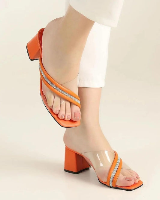 Clear Stone decor slide Sandals- Orange