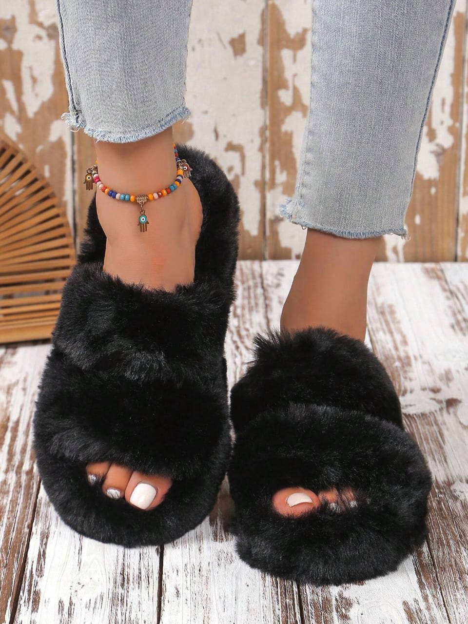 Fluffy Slippers for women-Black