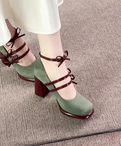 Olive Ribbon Mary Jane Heels